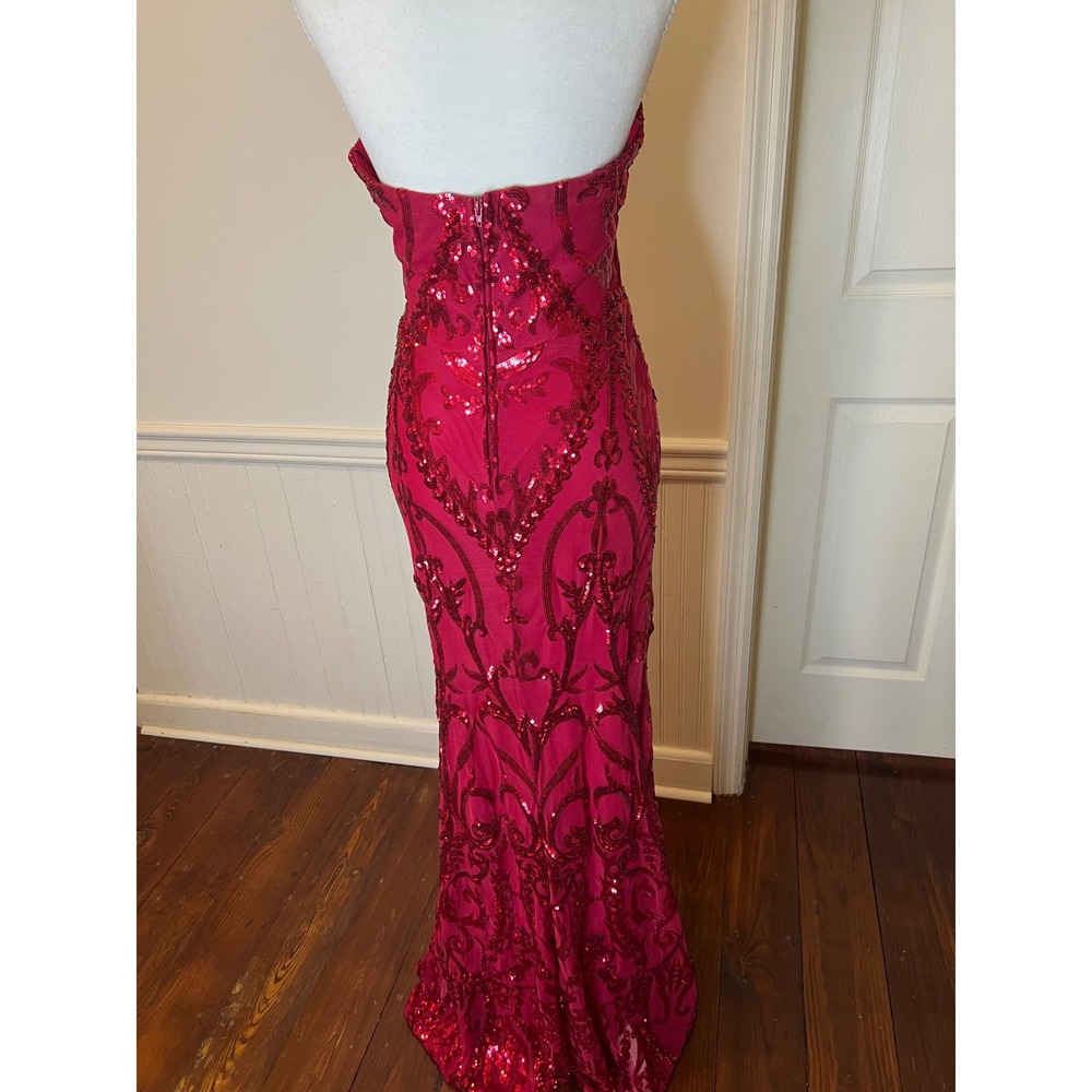 B. Darlin Red Sequin Halter Neck Formal Gown Damask Mermaid Maxi Dress Prom Gala - Picture 12 of 13